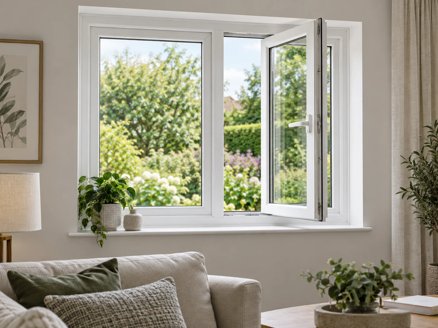 White UPVC casement window in a bright room